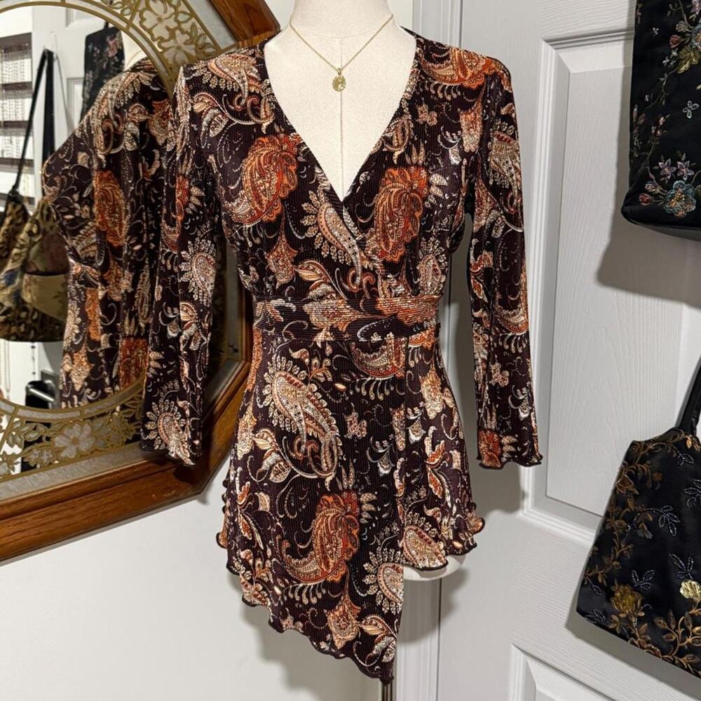 Y2K JTB Dark Brown & Orange Floral Paisley Crinkled Asymmetrical Hem V Neck Top